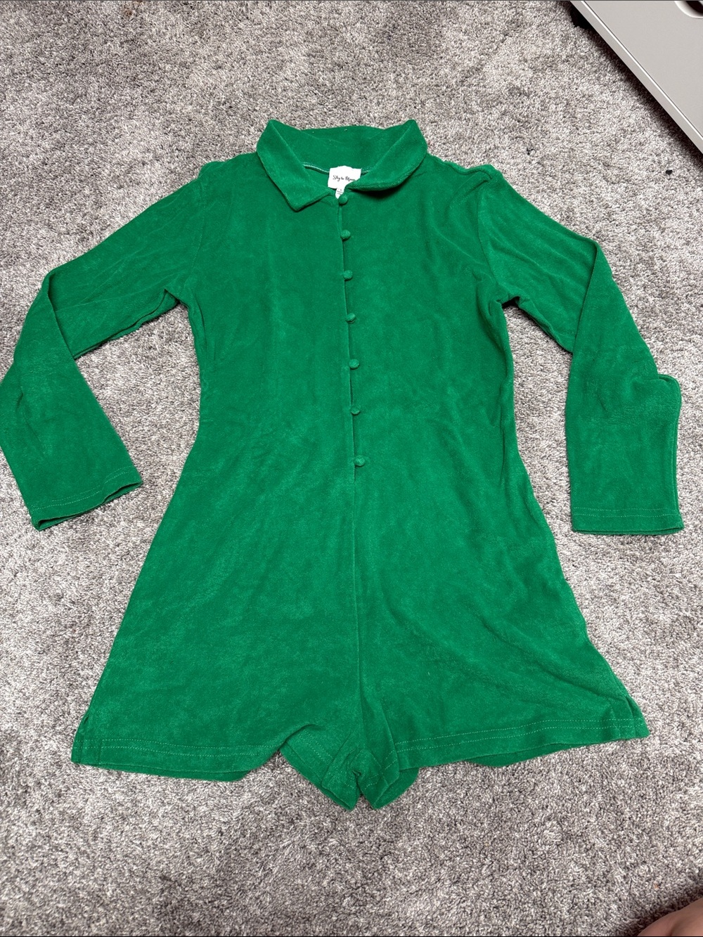 Women's Green Button-Front Terry Romper